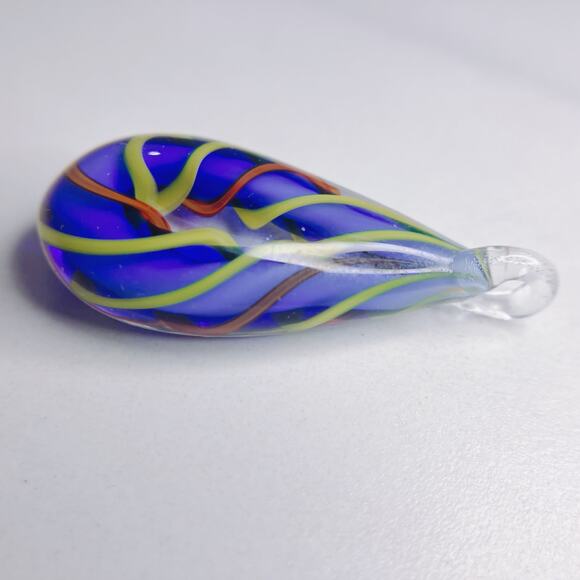 Handblown Murano Style Art Glass Teardrop Pendant Blue Red Lime Swirl Teardrop - Picture 2 of 4